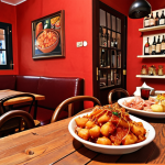 **Vibrant tapas bar "El Rincón Ibérico"**: Focus on the lively atmosphere, featuring classic tapas like patatas bravas and jamón ibérico. Include Spanish wine and happy customers.