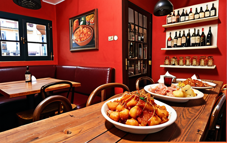 **Vibrant tapas bar "El Rincón Ibérico"**: Focus on the lively atmosphere, featuring classic tapas like patatas bravas and jamón ibérico. Include Spanish wine and happy customers.