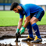 A male football player, fully clothed in a modest and professional football kit, carefully knocking excess mud off his cleats after a match. He is standing near a water tap on the edge of a clean football pitch. His hands are well-formed and naturally posed as he performs this routine cleaning. The scene is well-lit, capturing the texture of the mud and the boots. Safe for work, appropriate content, fully clothed, professional, perfect anatomy, correct proportions, natural body proportions, natural pose, professional photography, high quality, realistic.