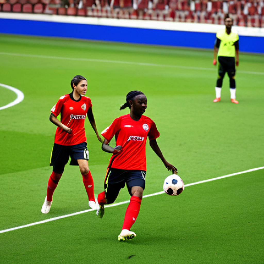 A diverse group of professional male and female footballers in modern, modest team kits, showcasing tactical understanding on a vibrant green football pitch within a large, professional stadium. One central midfielder, fully clothed, is depicted making a precise, low pass, demonstrating exceptional vision and distribution skills. Nearby, a strong central defender, in appropriate attire, maintains perfect positioning, anticipating the play. The scene captures the fluidity of strategic movement, with other players visible in the background, engaged in the game. The lighting is bright and even, like professional sports photography. Safe for work, appropriate content, family-friendly, perfect anatomy, correct proportions, natural pose, well-formed hands, proper finger count, natural body proportions, high quality.