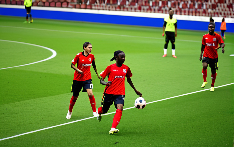 A diverse group of professional male and female footballers in modern, modest team kits, showcasing tactical understanding on a vibrant green football pitch within a large, professional stadium. One central midfielder, fully clothed, is depicted making a precise, low pass, demonstrating exceptional vision and distribution skills. Nearby, a strong central defender, in appropriate attire, maintains perfect positioning, anticipating the play. The scene captures the fluidity of strategic movement, with other players visible in the background, engaged in the game. The lighting is bright and even, like professional sports photography. Safe for work, appropriate content, family-friendly, perfect anatomy, correct proportions, natural pose, well-formed hands, proper finger count, natural body proportions, high quality.