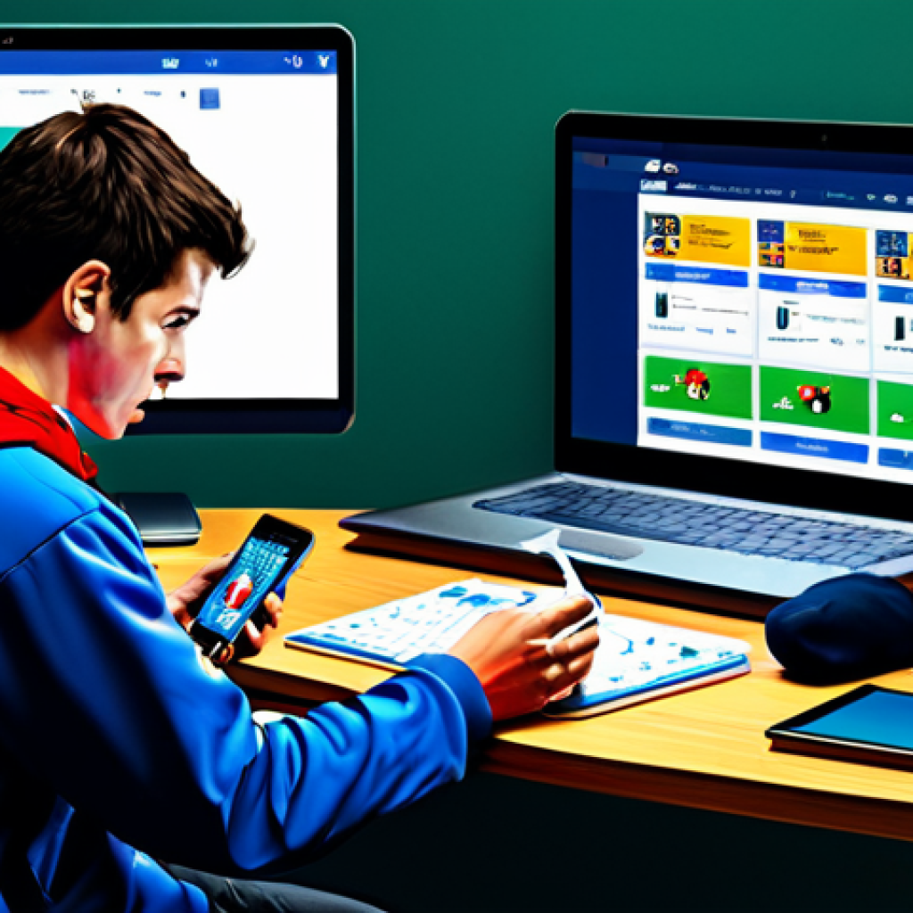 축구 경기 예매 팁 - Digital Scramble**
Prompt: "A determined soccer fan frantically using multiple devices (phone, lapt...
