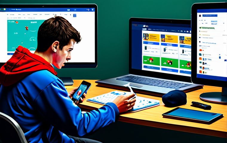 축구 경기 예매 팁 - Digital Scramble**

Prompt: "A determined soccer fan frantically using multiple devices (phone, lapt...