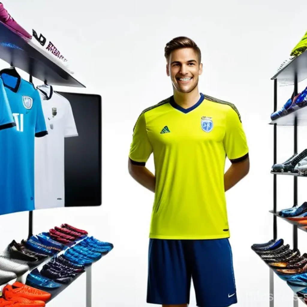 축구 용품 온라인 구매처 - **Prompt:** A dynamic, wide shot capturing the vibrant world of online soccer shopping. A modern, we...