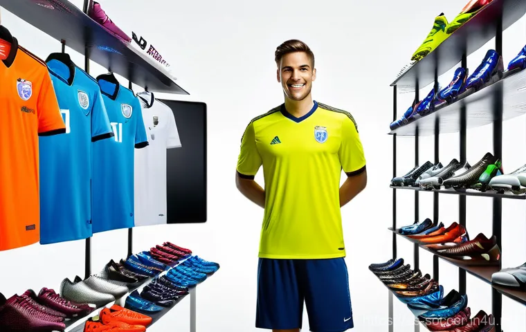 축구 용품 온라인 구매처 - **Prompt:** A dynamic, wide shot capturing the vibrant world of online soccer shopping. A modern, we...