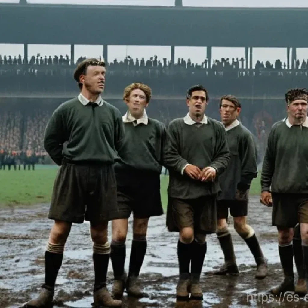 축구 영화 속 사실 여부 검증 - **Prompt:** "A dramatic, vintage football match taking place on a muddy, rain-soaked pitch in an old...