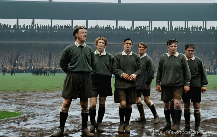 축구 영화 속 사실 여부 검증 - **Prompt:** "A dramatic, vintage football match taking place on a muddy, rain-soaked pitch in an old...