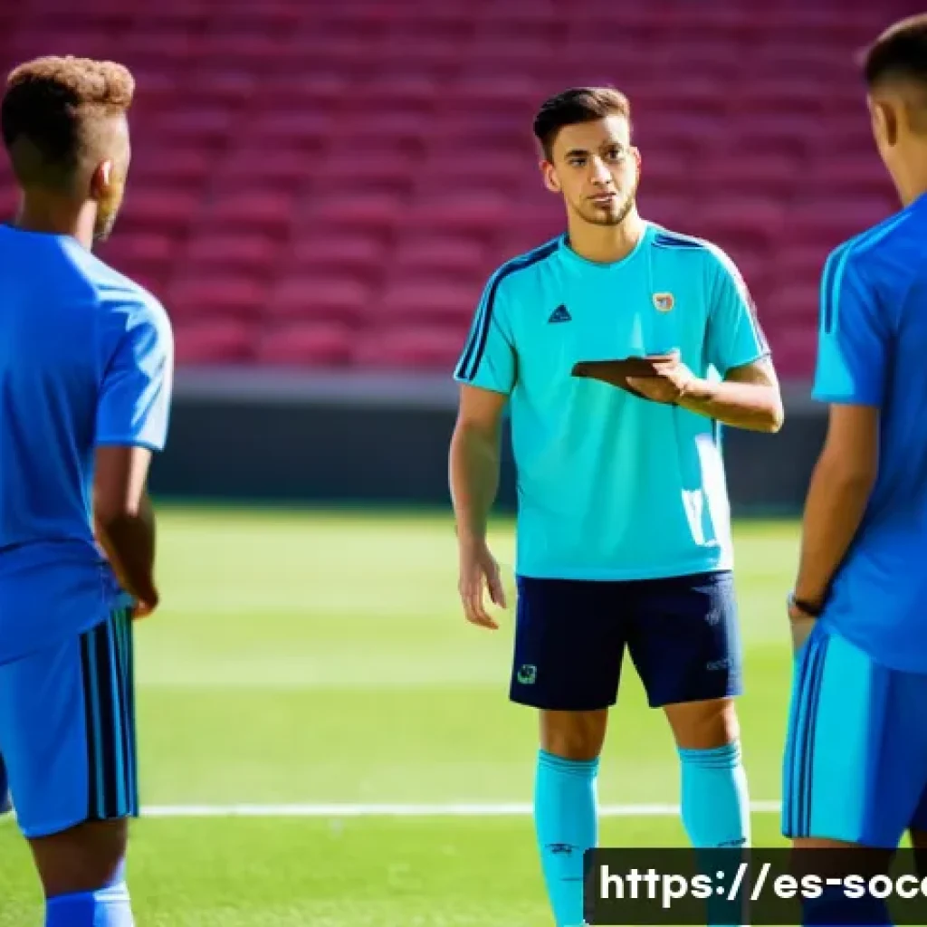 축구 팀워크 훈련법 - A dynamic soccer training scene in a sunny outdoor field in Spain, showcasing a diverse team of youn...