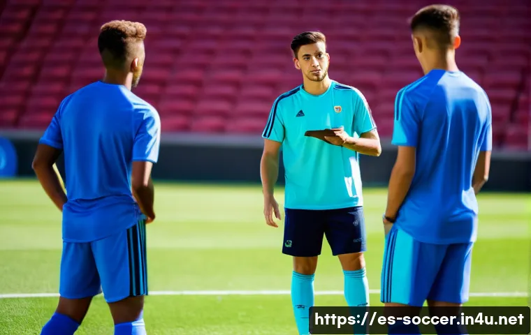 축구 팀워크 훈련법 - A dynamic soccer training scene in a sunny outdoor field in Spain, showcasing a diverse team of youn...
