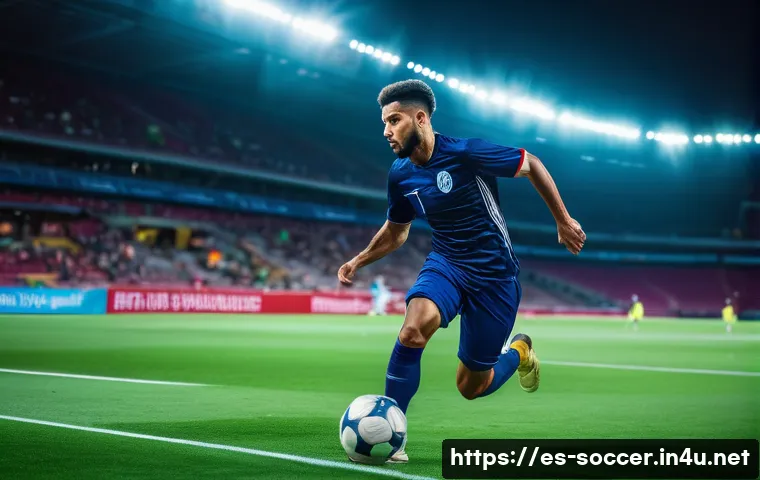 축구 스타 플레이어 분석 - A dynamic soccer player in action on a vibrant stadium field, wearing a modern team uniform with vis...