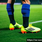 축구 특화 브랜드 추천 - A close-up action shot of a professional soccer player wearing ergonomically designed, breathable fo...