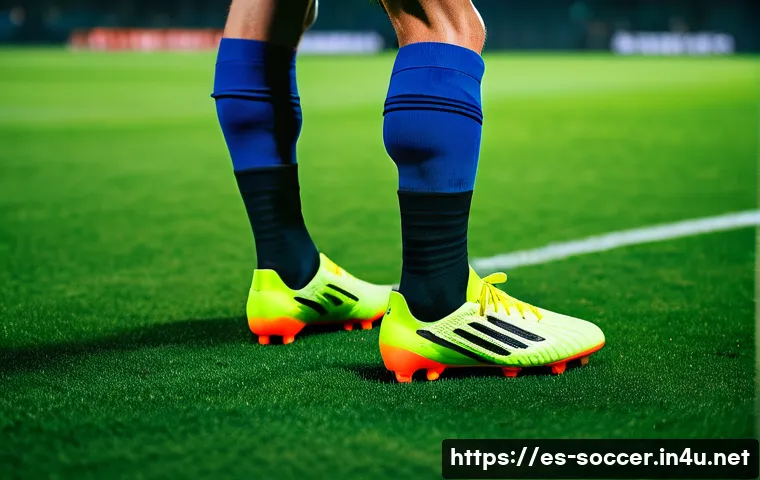 축구 특화 브랜드 추천 - A close-up action shot of a professional soccer player wearing ergonomically designed, breathable fo...