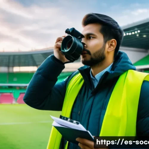 축구 기자로 일하는 하루 - A dynamic sports journalist inside a bustling soccer stadium before kickoff, wearing professional ca...