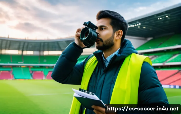 축구 기자로 일하는 하루 - A dynamic sports journalist inside a bustling soccer stadium before kickoff, wearing professional ca...
