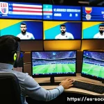 축구 전문 기자가 되는 법 - A vibrant newsroom scene focused on a passionate Spanish-speaking football journalist at work, surro...