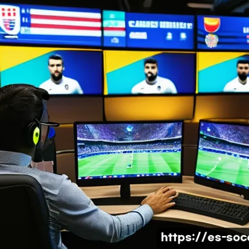 축구 전문 기자가 되는 법 - A vibrant newsroom scene focused on a passionate Spanish-speaking football journalist at work, surro...