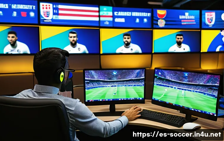 축구 전문 기자가 되는 법 - A vibrant newsroom scene focused on a passionate Spanish-speaking football journalist at work, surro...