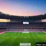 축구 경기장 LED 조명 시스템 - A modern outdoor football stadium in Spain during an evening match, featuring state-of-the-art LED l...
