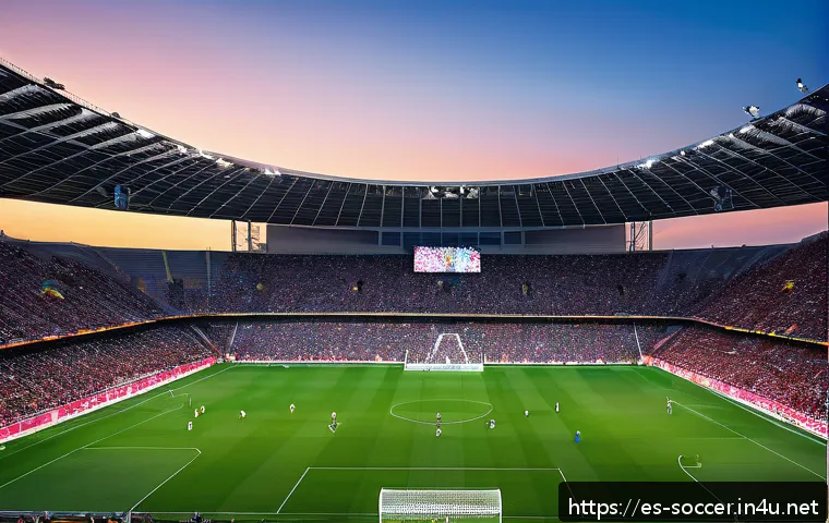 축구 경기장 LED 조명 시스템 - A modern outdoor football stadium in Spain during an evening match, featuring state-of-the-art LED l...