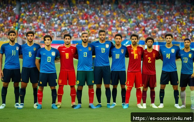 축구와 올림픽 종목의 차이점 - A dynamic scene of an Olympic football match featuring young athletes under 23 years old, wearing na...