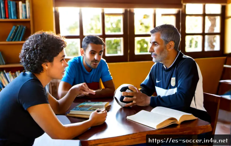 축구 주제로 독서 클럽 운영 - Photorealistic community reading club in a sunlit Spanish neighborhood library, diverse adult member...