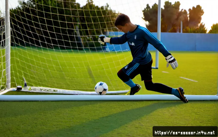Home 18 골키퍼 훈련 팁 - Photorealistic youth soccer goalkeeper training on a sunlit Spanish community football pitch, teenag...