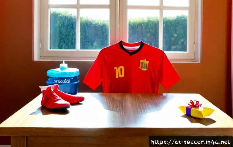 Home 17 축구 선물 아이디어 - Photorealistic soccer gift arrangement on a warm wooden table in a bright Spanish family home: class...