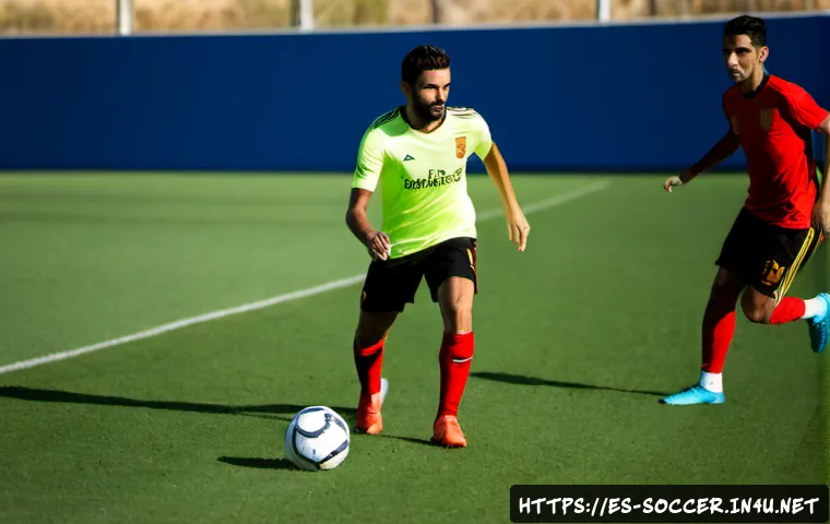 축구 스루패스 활용법 - Photorealistic football training scene on a sunny Spanish community pitch, a skilled midfielder in p...