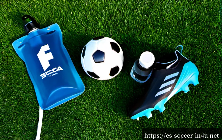 축구 필수 장비 추천 - Photorealistic flat lay of essential soccer equipment arranged neatly on fresh green grass: black-an...