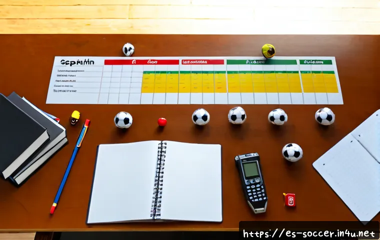 축구 타임라인 작성법 - Photorealistic overhead view of a Spanish-speaking football coach’s workspace, a blank horizontal ti...