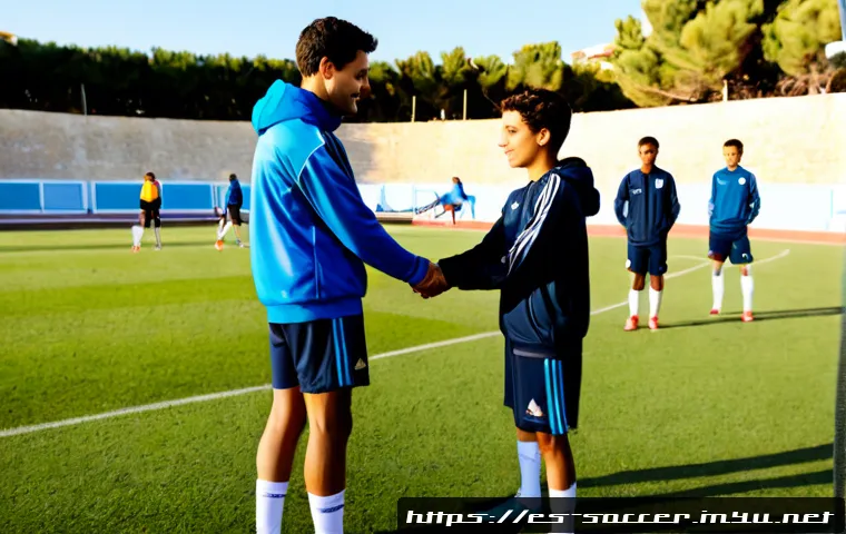 축구 클럽 간의 협력 사례 - Photorealistic scene of two Spanish football club representatives in neutral navy training jackets s...