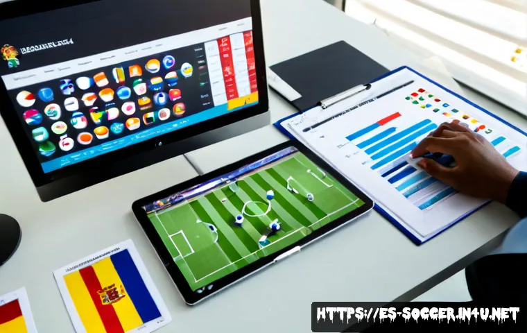 Home 17 축구 관련 마케팅 자료 분석 - Photorealistic sports marketing analysis workspace in Madrid, Spain, viewed over the shoulder of a d...
