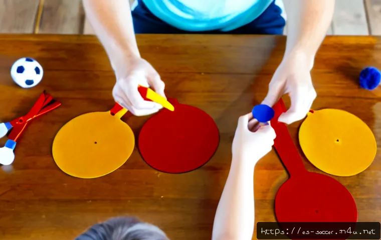 축구 응원 소품 만들기 - Photorealistic overhead view of a Spanish-speaking family crafting soccer cheering props at a bright...